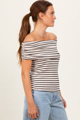 Beige Off The Shoulder Striped Top
