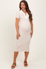 Beige Striped Knit Collared Maternity Midi Dress