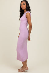 Light Pink Scalloped Ribbed Knit Sleeveless Midi Dress