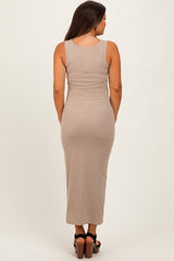 Taupe Ribbed Basic Maternity Maxi Dress