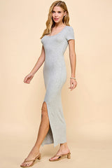 Heather Gray Short Sleeve Scoop Side Slit Dress