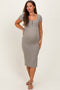 Light Olive Striped Button Square Neck Maternity Dress