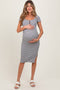 Gray Striped Button Square Neck Maternity Dress