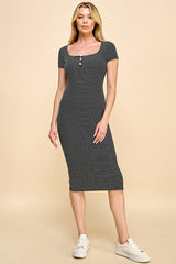 Black Striped Button Square Neck Dress