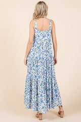 Blue Floral Sleeveless Tiered Maxi Dress