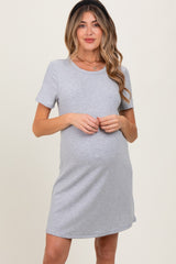 Heather Grey Ribbed Knit Basic Short Sleeve Maternity T-Shirt Dress