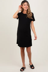Black Ribbed Knit Basic Short Sleeve Maternity T-Shirt Dress