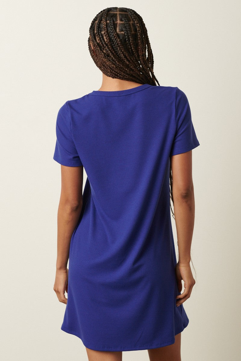 Navy Ribbed Knit Basic Short Sleeve T-Shirt Dress