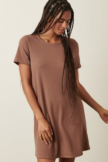 Brown Ribbed Knit Basic Short Sleeve T-Shirt Dress