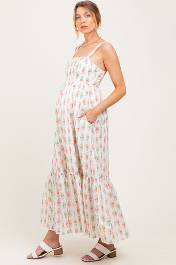 Ivory Floral Print Ruffle Hem Maternity Maxi Dress