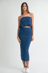 Navy Strapless Ribbed Knit Peplum Top Midi Skirt Maternity Set