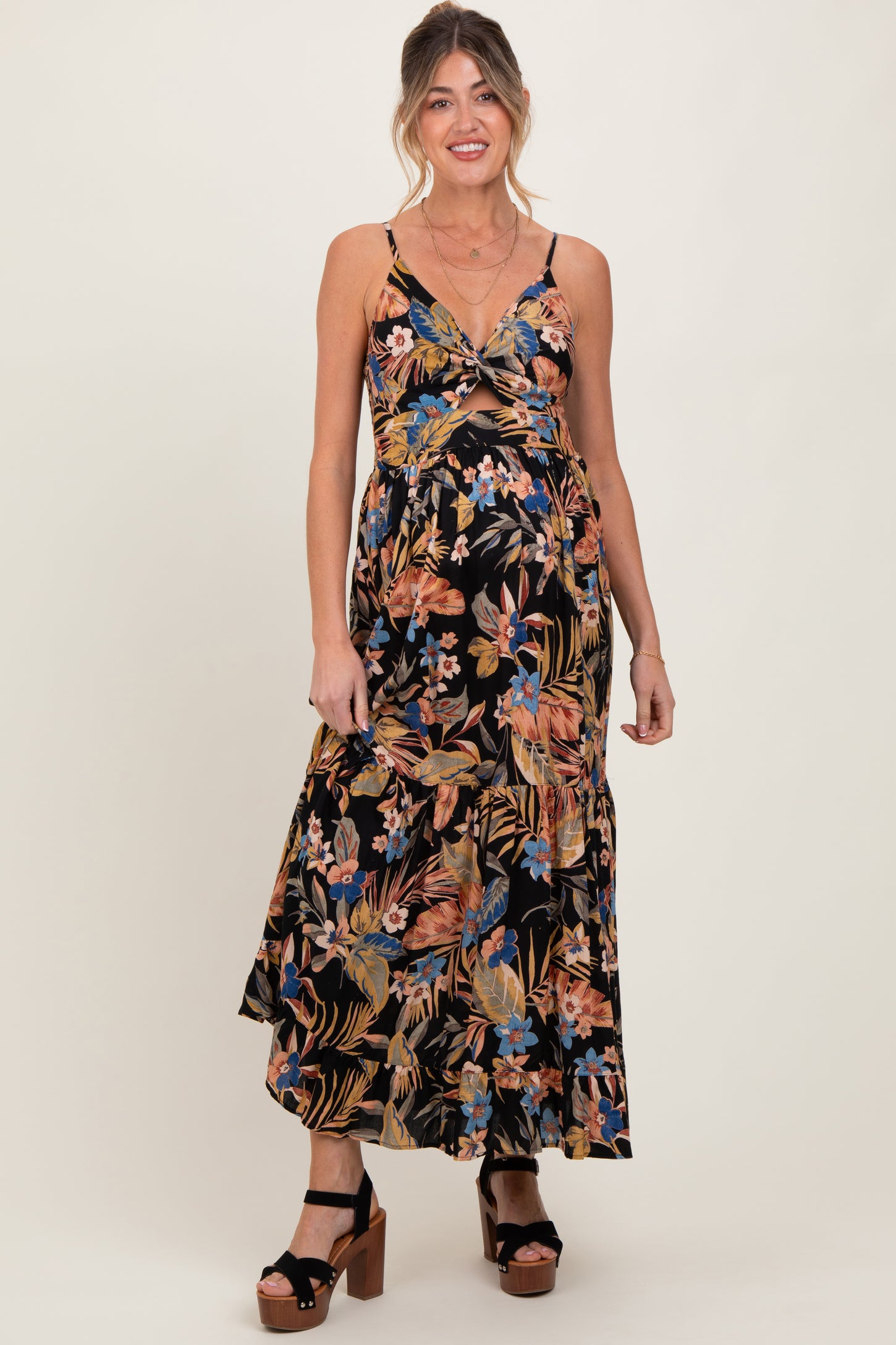 Black Tropical Print Twist Front Cutout Maternity Maxi Dress
