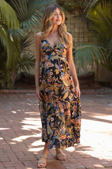 Black Tropical Print Twist Front Cutout Maternity Maxi Dress