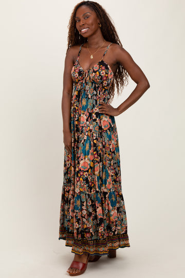Black Floral Front Tie Tiered Maxi Dress