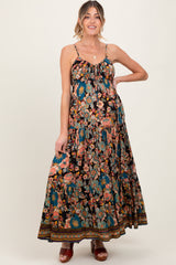 Black Floral Front Tie Tiered Maternity Maxi Dress