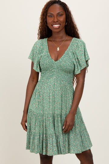 Light Olive Floral Smocked V-Neck Mini Dress