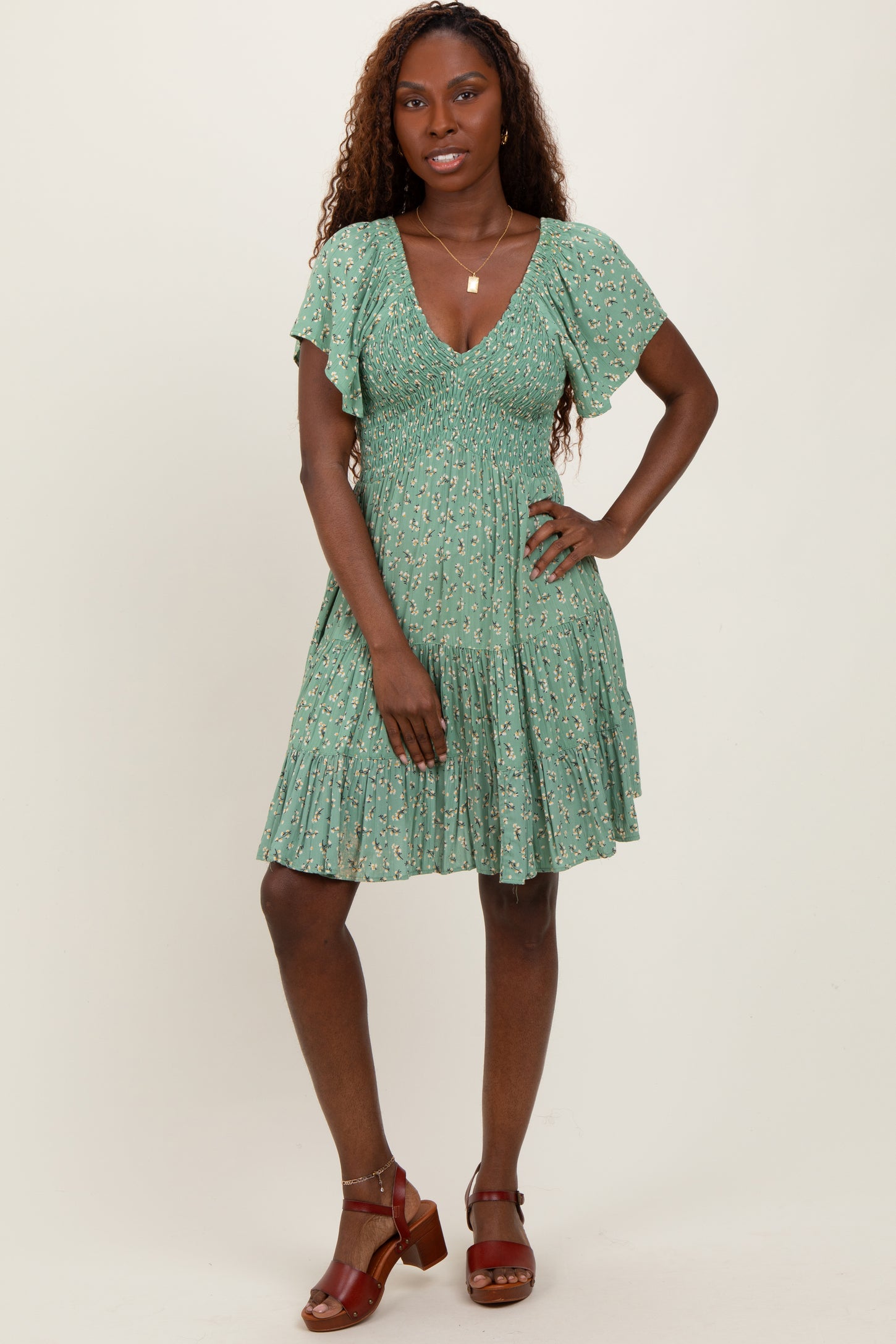 Light Olive Floral Smocked V-Neck Mini Dress