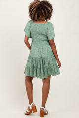 Light Olive Floral Smocked V-Neck Maternity Mini Dress