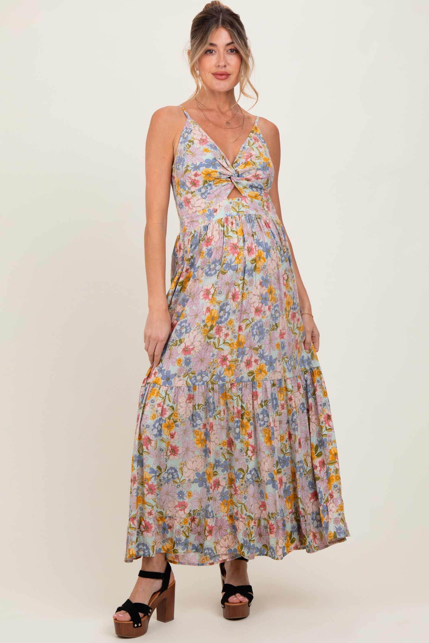 Mint Green Floral Twist Front Cutout Maternity Maxi Dress