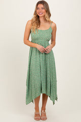 Light Olive Floral Handkerchief Hem Maternity Midi Dress