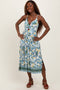 Blue Floral Border Print Cutout Midi Dress
