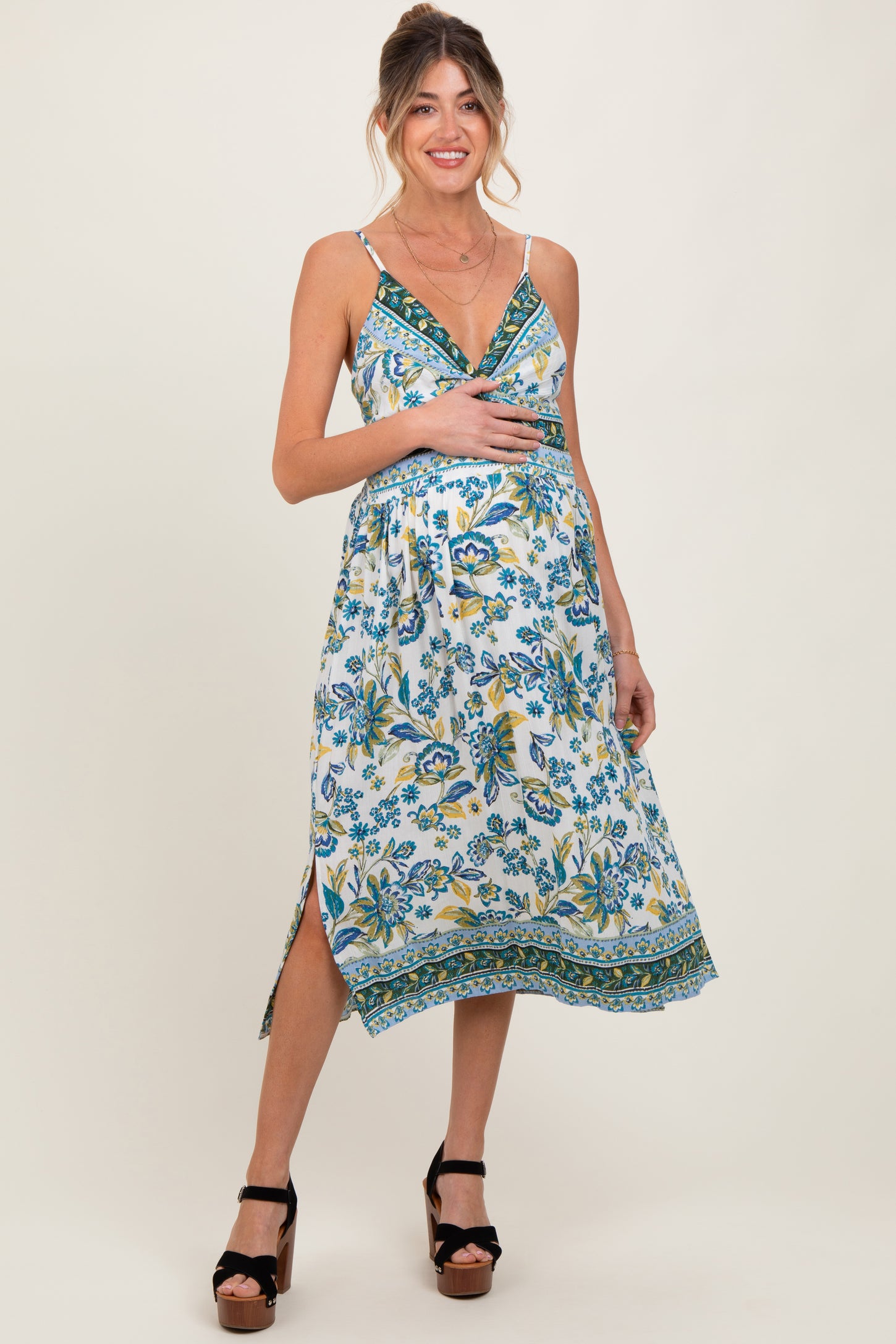 Blue Floral Border Print Cutout Maternity Midi Dress