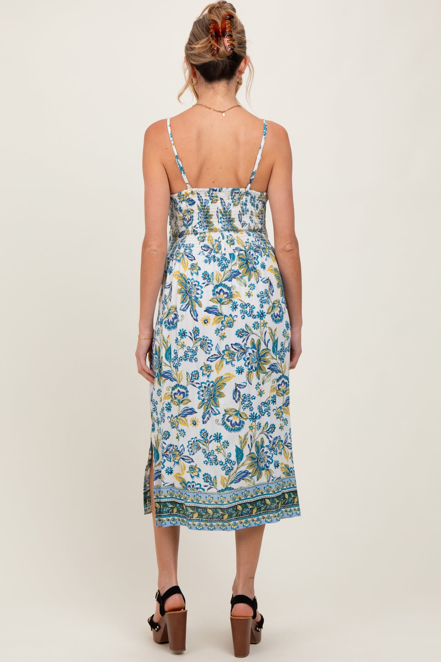 Blue Floral Border Print Cutout Maternity Midi Dress