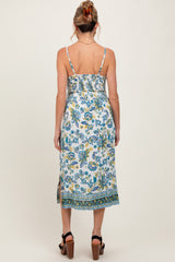 Blue Floral Border Print Cutout Maternity Midi Dress