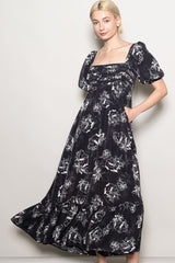 Black Rose Print Pleated Bodice Maternity Maxi Dress