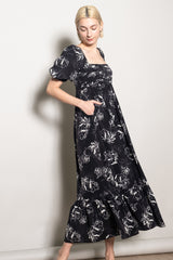 Black Rose Print Pleated Bodice Maxi Dress