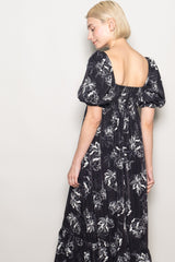 Black Rose Print Pleated Bodice Maxi Dress