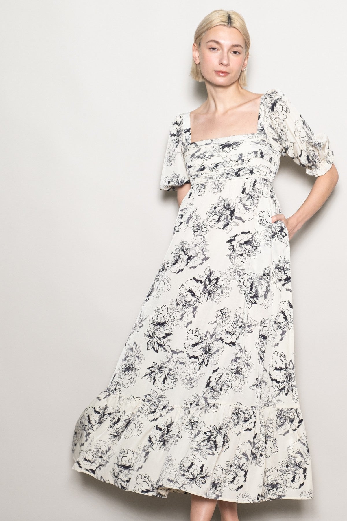 Ivory Rose Print Pleated Bodice Maternity Maxi Dress
