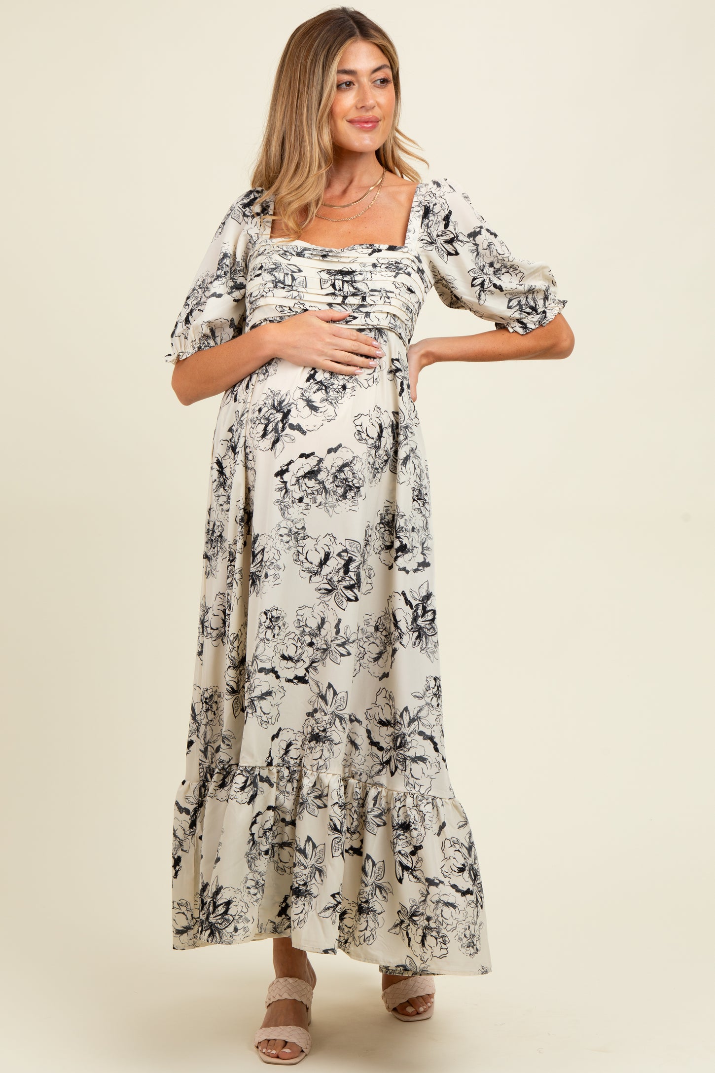 Ivory Rose Print Pleated Bodice Maternity Maxi Dress