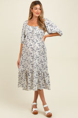 Ivory Floral Front Tie Puff Sleeve Maternity Midi Dress