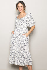 Ivory Floral Front Tie Puff Sleeve Midi Dress