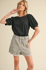 Black Ribbed Puffed Sleeve Top