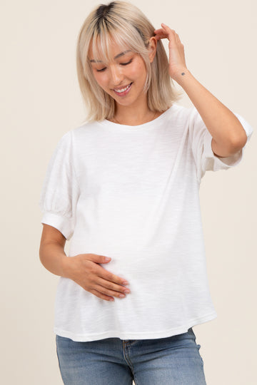 Ivory Ribbed Puffed Sleeve Maternity Top