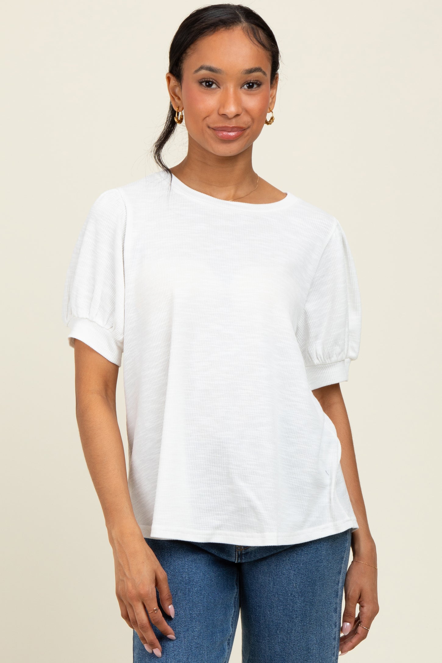 Ivory Ribbed Puffed Sleeve Maternity Top