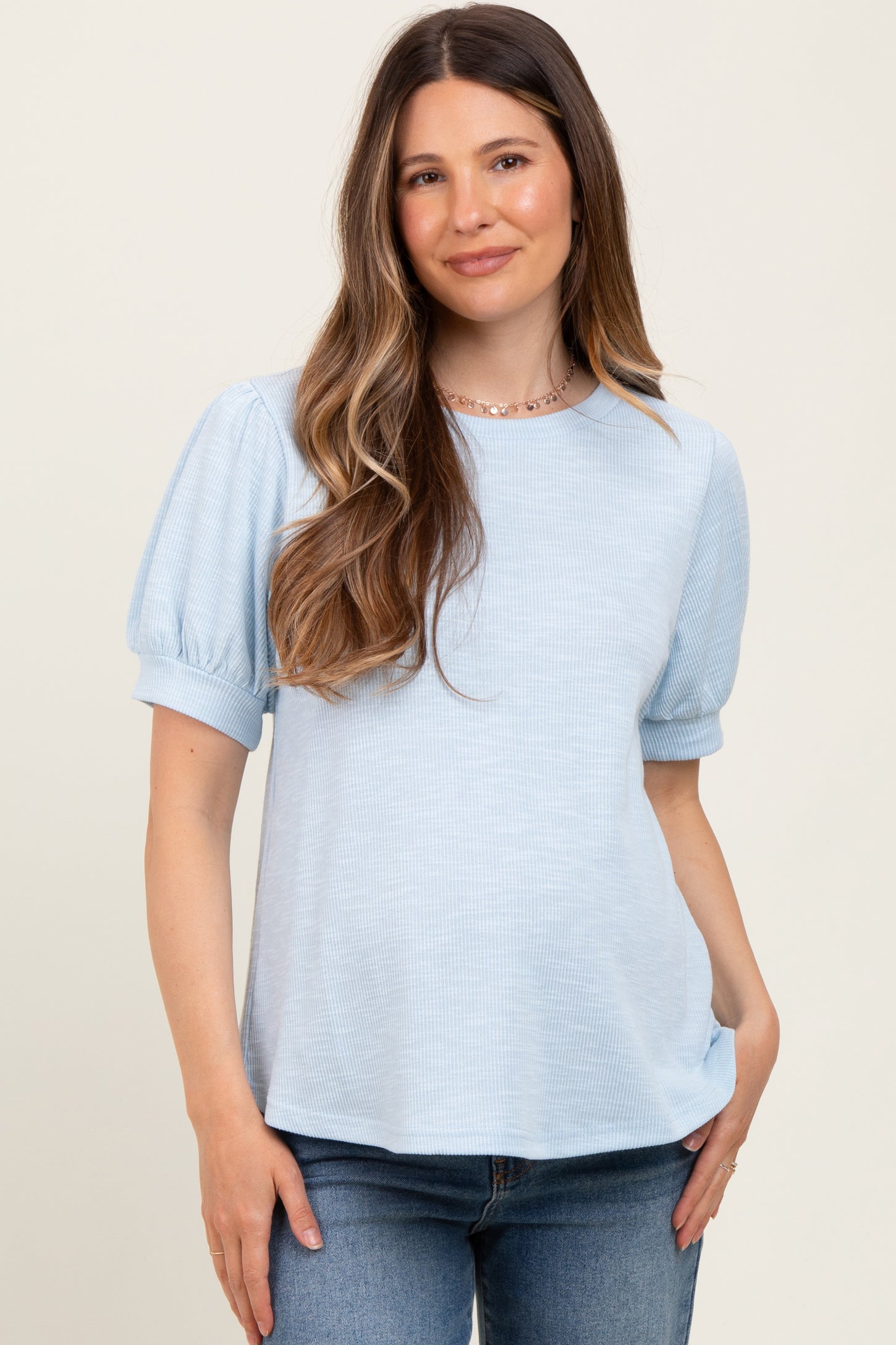 Light Blue Ribbed Puffed Sleeve Maternity Top