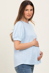 Light Blue Ribbed Puffed Sleeve Maternity Top