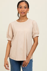 Beige Ribbed Puffed Sleeve Top
