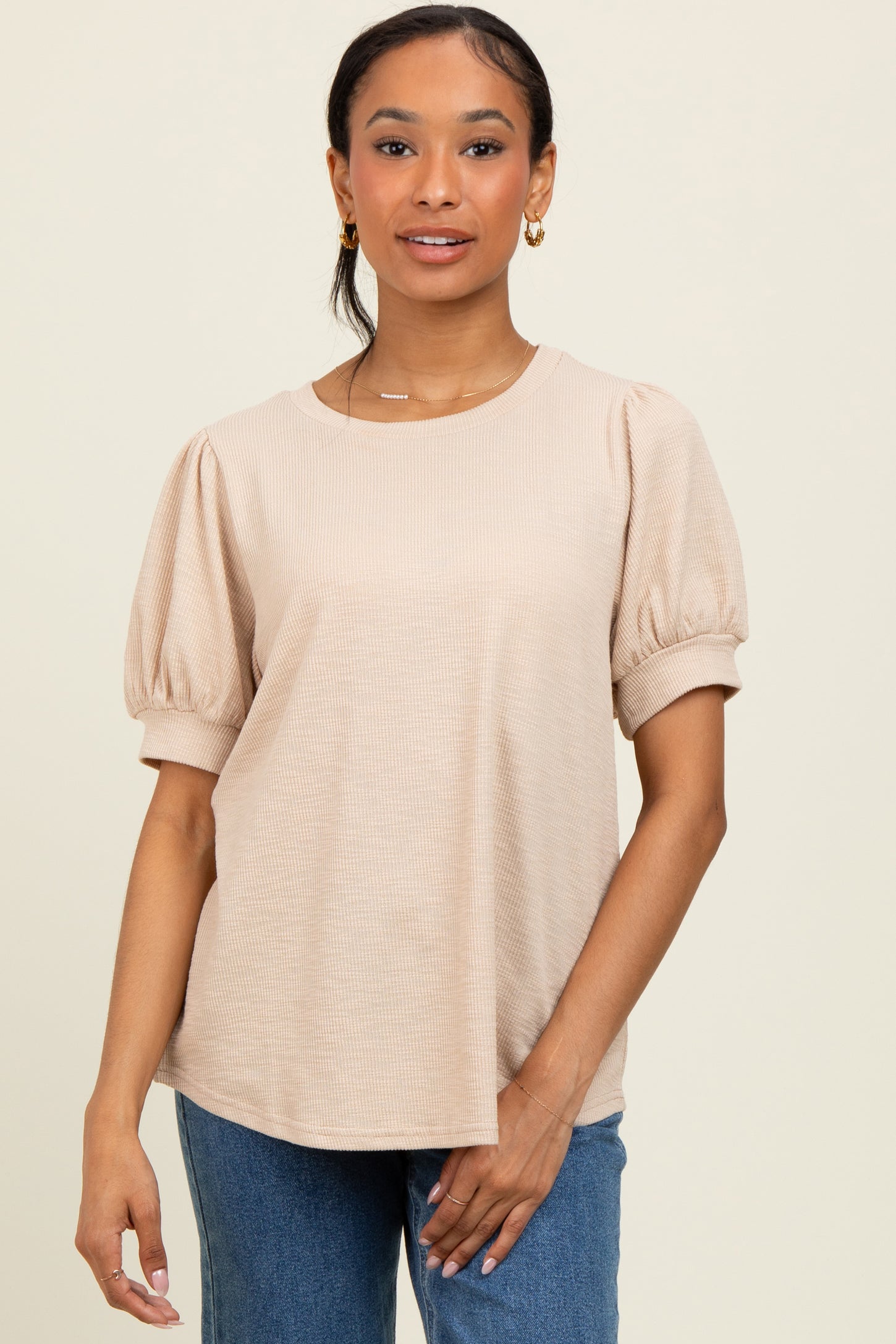 Beige Ribbed Puffed Sleeve Maternity Top