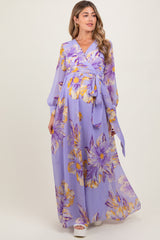 Lavender Floral Chiffon Sash Tie Maternity Wrap Maxi Dress