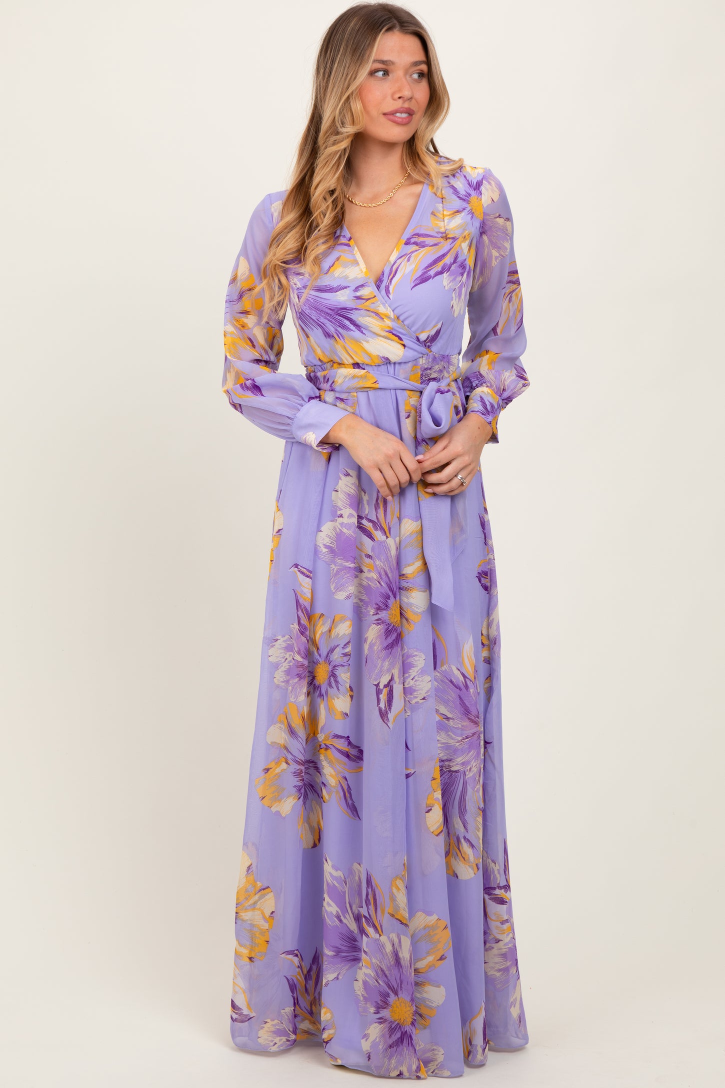 Lavender Floral Chiffon Sash Tie Wrap Maxi Dress