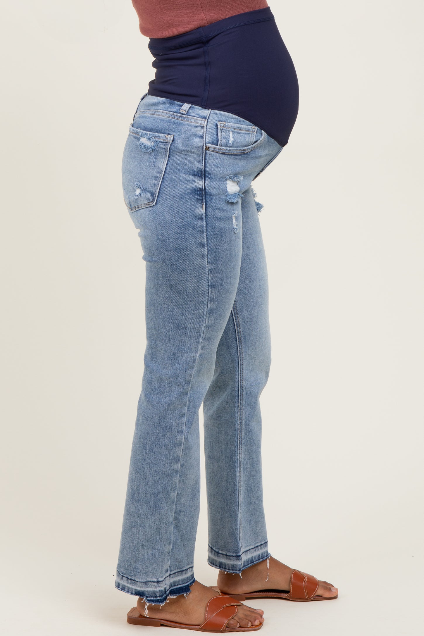 Light Blue Distressed Raw Hem Maternity Ankle Straight Leg Jeans