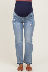 Light Blue Distressed Raw Hem Maternity Ankle Straight Leg Jeans