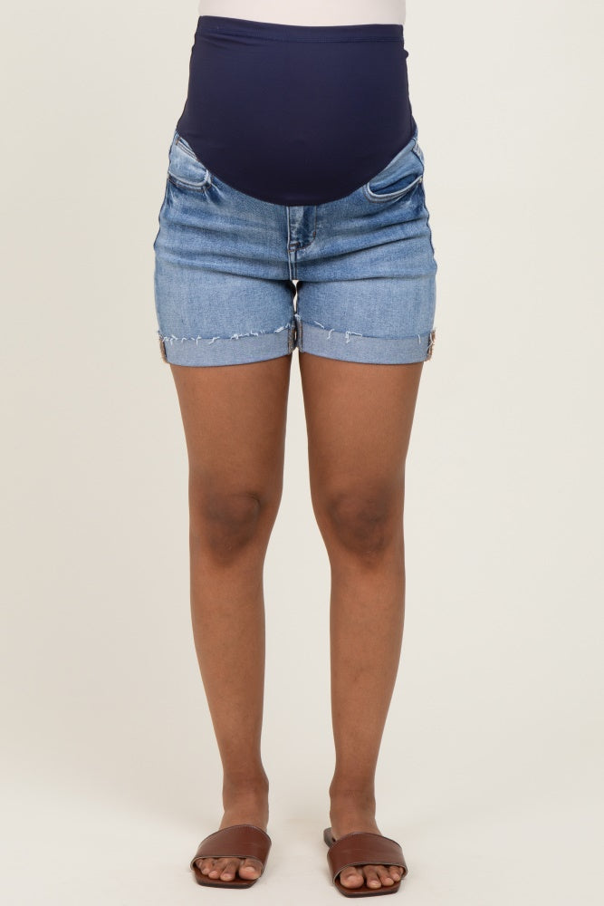 Blue Raw Cut Hem Cuffed Maternity Jean Shorts