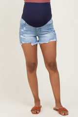Light Blue Distressed Fringe Hem Maternity Jean Shorts