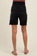 Black Raw Cut Hem Mid Length Maternity Denim Shorts