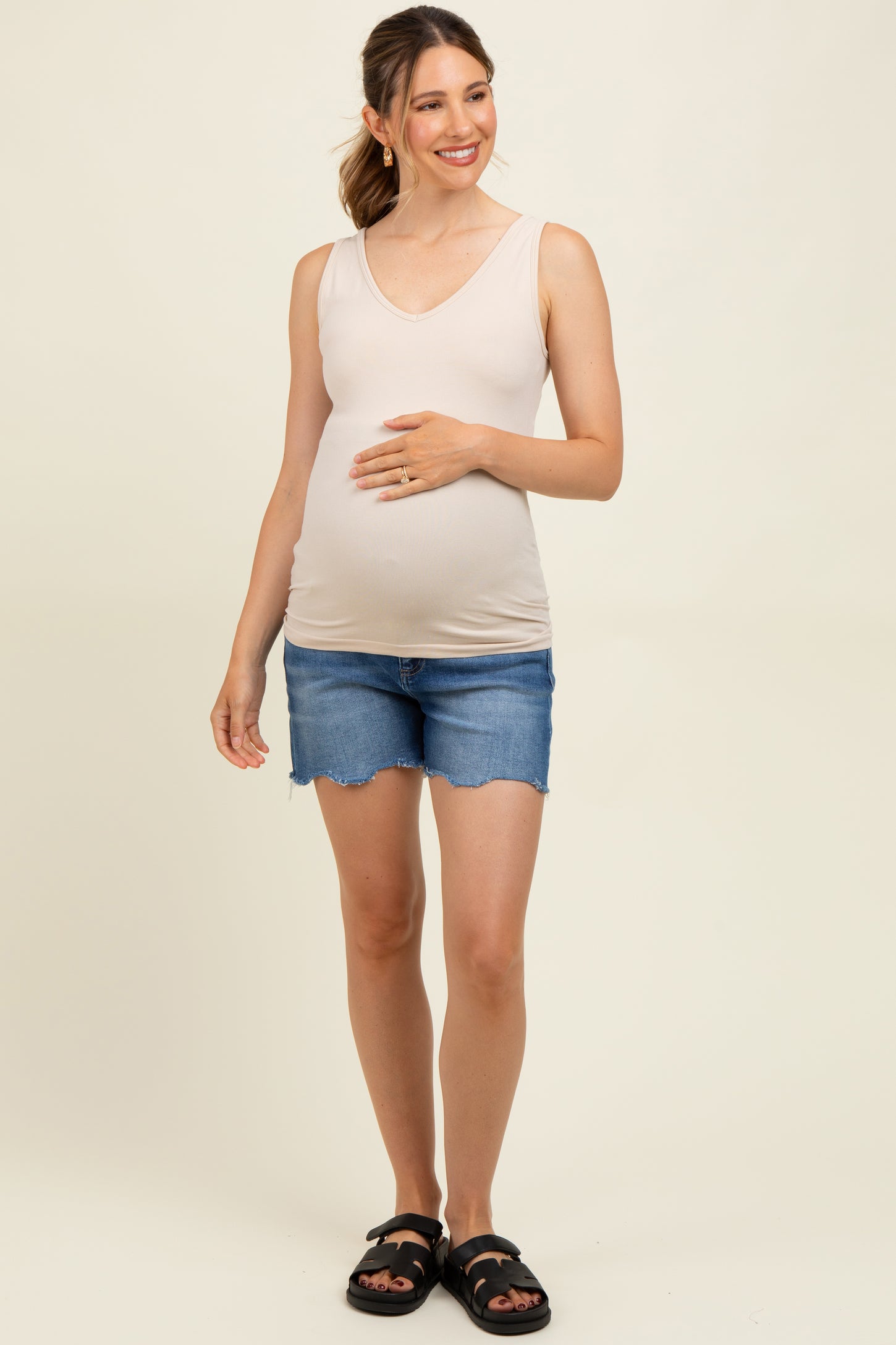 Blue Raw Cut Hem Maternity Jean Shorts